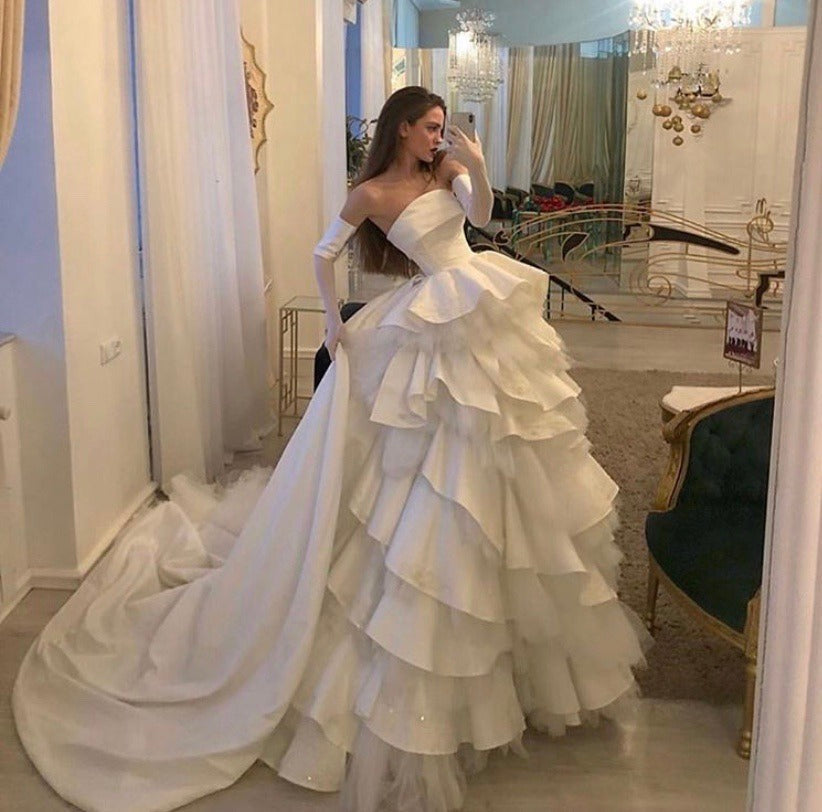 Charming A Line Strapless White Long Wedding Gown with Ruffles Prom Dress - VelvetHem