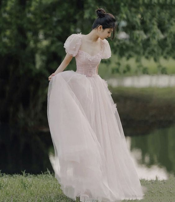 Pink tulle long A line prom dress evening dress - VelvetHem