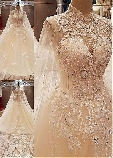 Delicate Tulle High Collar Ball Gown Wedding Dresses With Lace Appliques & Handmade Flower & Beadings - VelvetHem