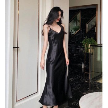Women Long Satin Slip Dress Spaghetti Strap Party Dress Vintage Silk Sexy Prom Dress - VelvetHem