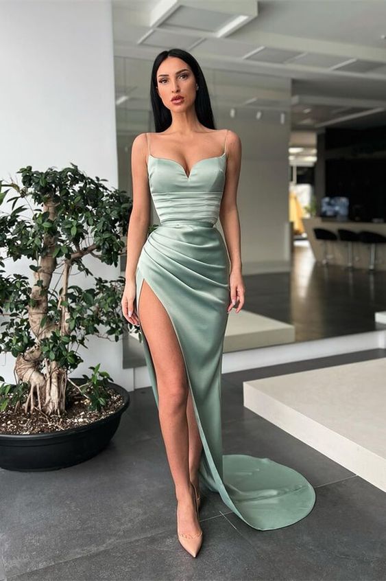 Dusty Sage Spaghetti-Straps Prom Dress Mermaid Long With Split - VelvetHem