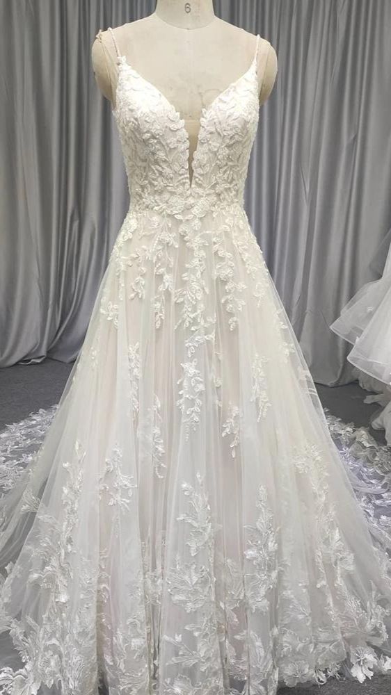 Spaghetti Long Lace Prom Dresses, Romantic Wedding Dresses A-line Wedding Dresses - VelvetHem