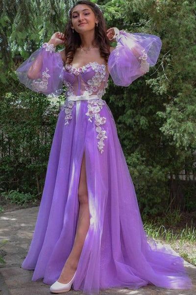 Lilac A line Long Sleeves Spaghetti Straps Prom Dresses with Side Slit, Appliques Dance Dress - VelvetHem