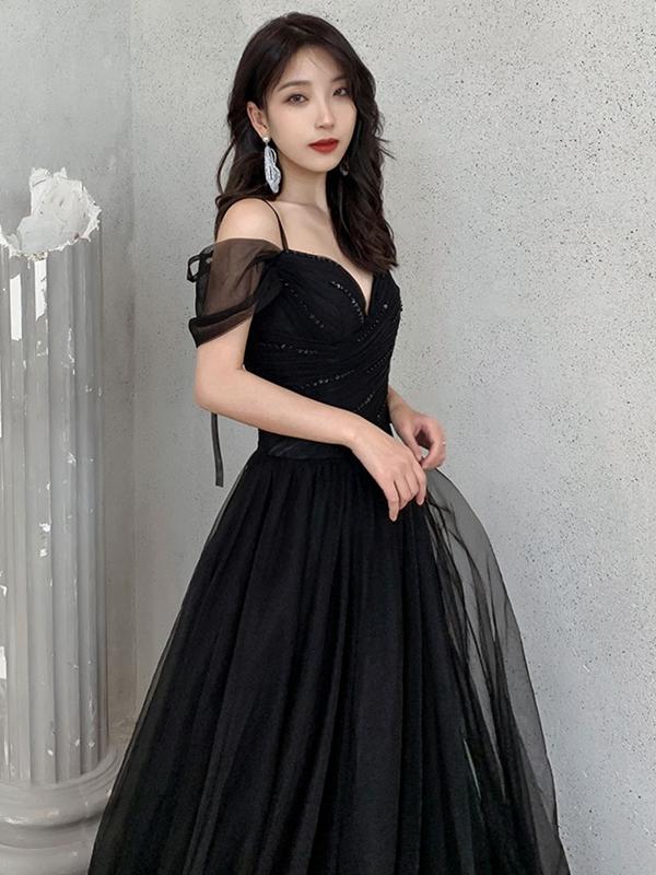 Off the Shoulder Black Long Prom Dresses, Black Off Shoulder Formal Evening Graduation Dresses - VelvetHem