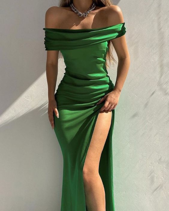 Off Shoulder High Slit Satin Evening Dress - VelvetHem