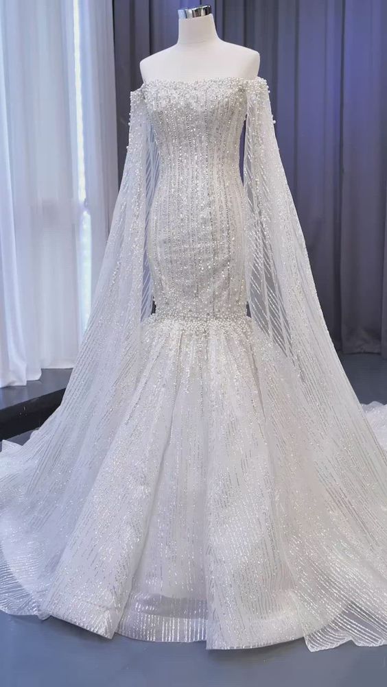 Cape Sleeve Heavy Beaded Wedding Dresses Off the Shoulder Mermaid Prom Dress - VelvetHem