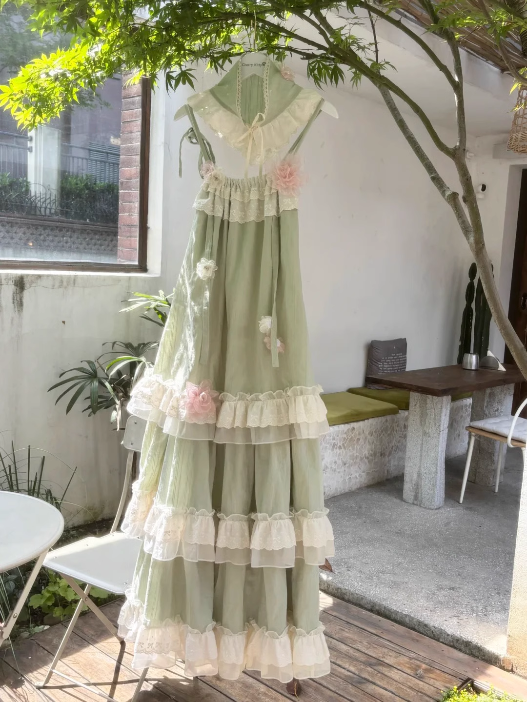 Chic A Line High Neckline Mint Green Chiffon Ruffles Lace Long Prom Dresses Birthday Outfits - VelvetHem