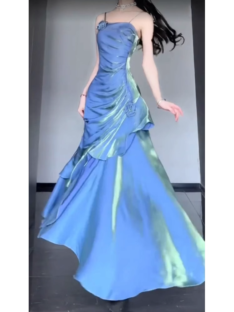 Retro Mermaid Spaghetti Straps Blue Ankle length Prom Dresses Birthday Outfits With Flower - View 3 | VelvetHem