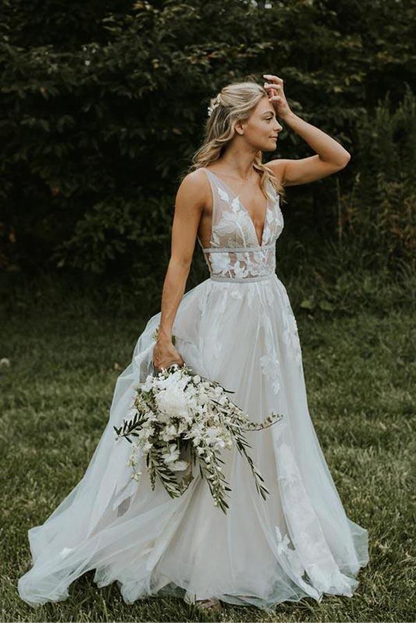 See Through Lace Ivory Tulle V-neck V-back Beach Wedding Dresses (ZD16363) - VelvetHem