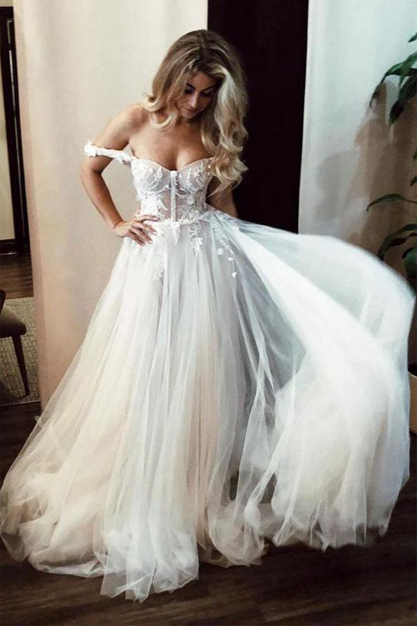 See-Through Off Shoulder Ivory Long Wedding Dress with Appliques (ZD15366)