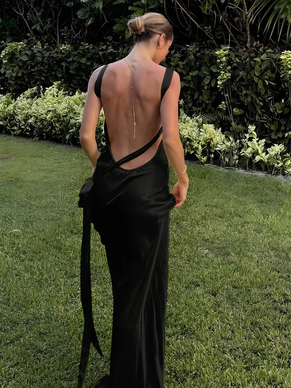 Semi Sheer Satin Asymmetrical One Shoulder Long Dress Black / XS Dresses