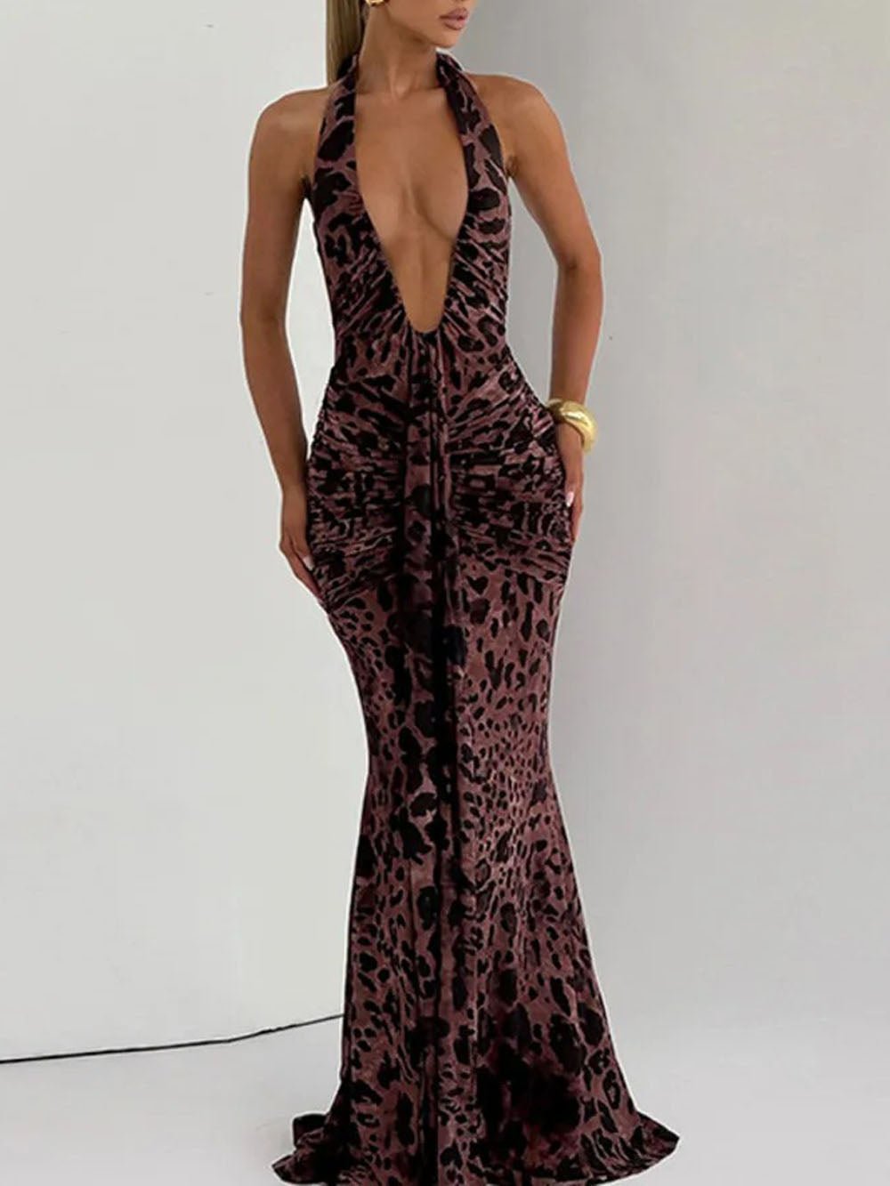 Serena Leopard Halter Maxi Dress - Fashion Pov