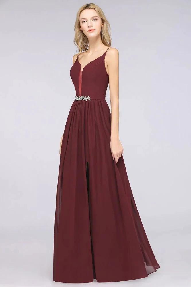 Sexy Double Deep V-Neck Ruffles Sleeveless Bridesmaid Dress Chiffon Side Split Evening Party Dress (ZD13112)