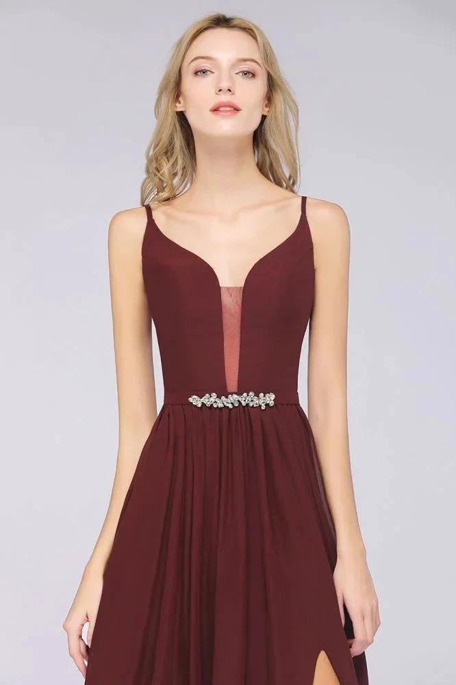Sexy Double Deep V-Neck Ruffles Sleeveless Bridesmaid Dress Chiffon Side Split Evening Party Dress (ZD13112)