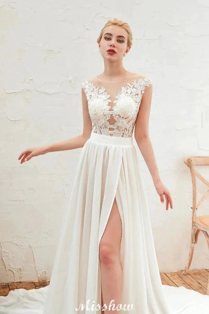 Sexy High Split Cap Sleeve Wedding Dress Sheer Back Ivory Lace Bridal Gown (ZD13978)