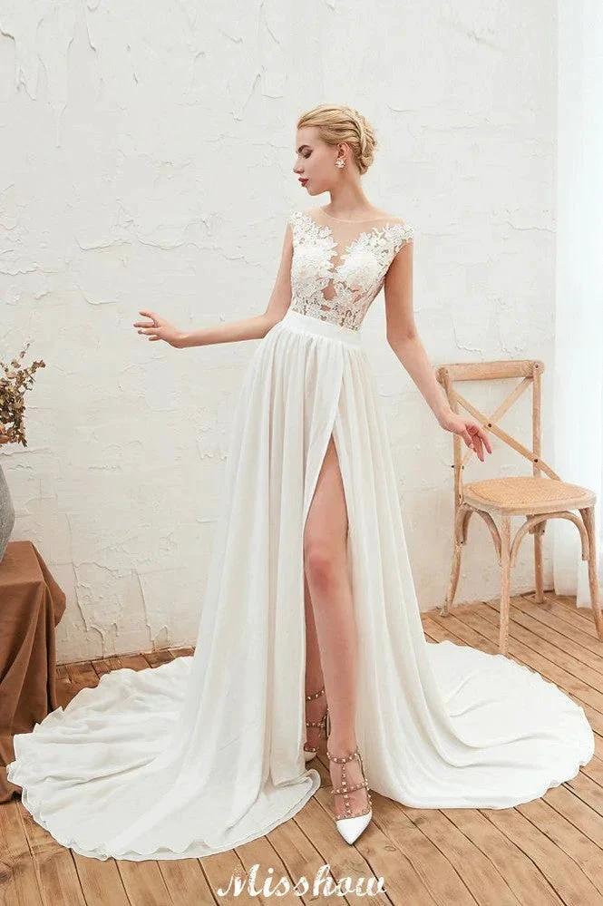 Sexy High Split Cap Sleeve Wedding Dress Sheer Back Ivory Lace Bridal Gown (ZD13978)
