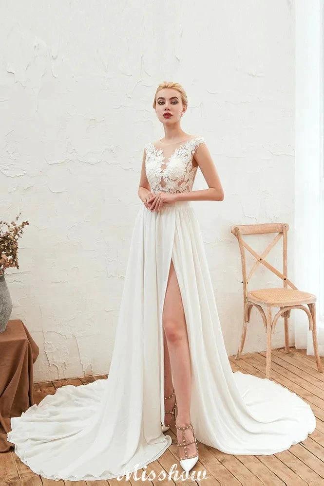 Sexy High Split Cap Sleeve Wedding Dress Sheer Back Ivory Lace Bridal Gown by misshow.com