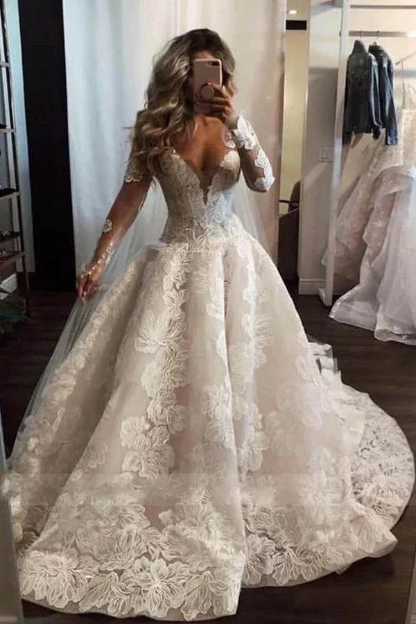 Sexy Long A-Line V-neck Appliques Lace Pearl Wedding Dress with Sleeves (ZD15140) - VelvetHem