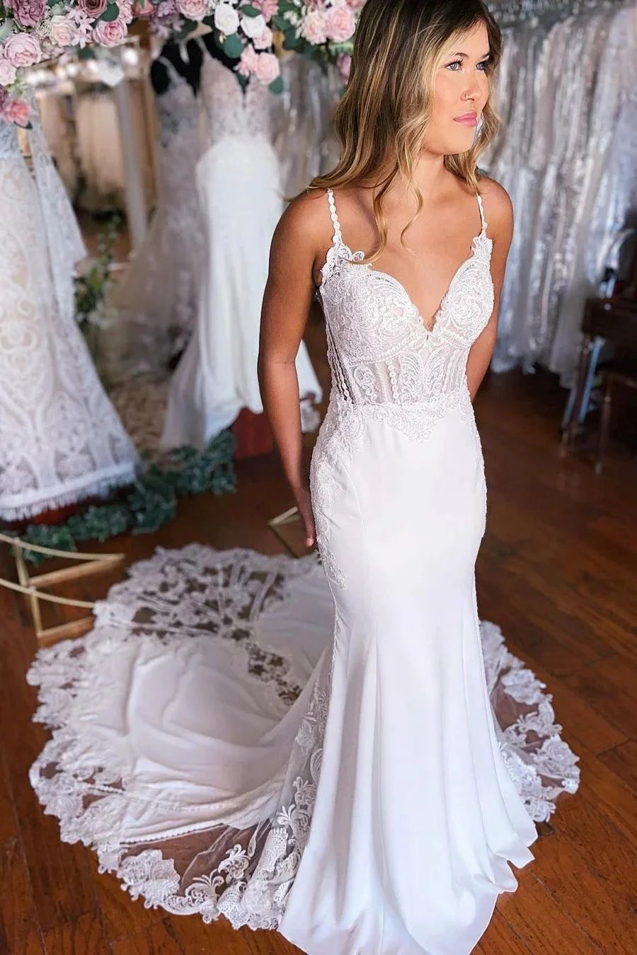 Sexy Long Mermaid Spaghetti Straps Lace Backless Wedding Dress With Train (ZD14586)