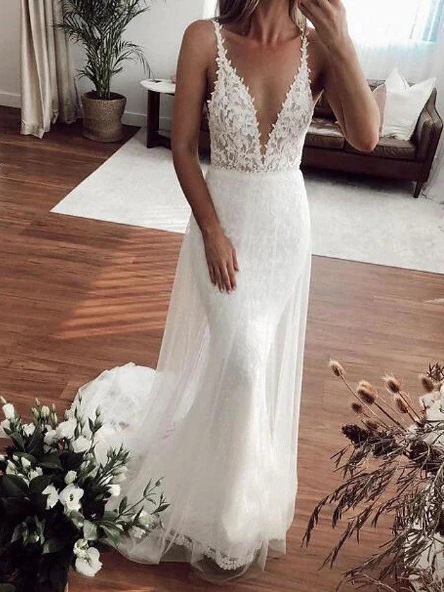 Sexy Long Mermaid V-neck Lace Tulle Wedding Dresses (ZD15936) - VelvetHem