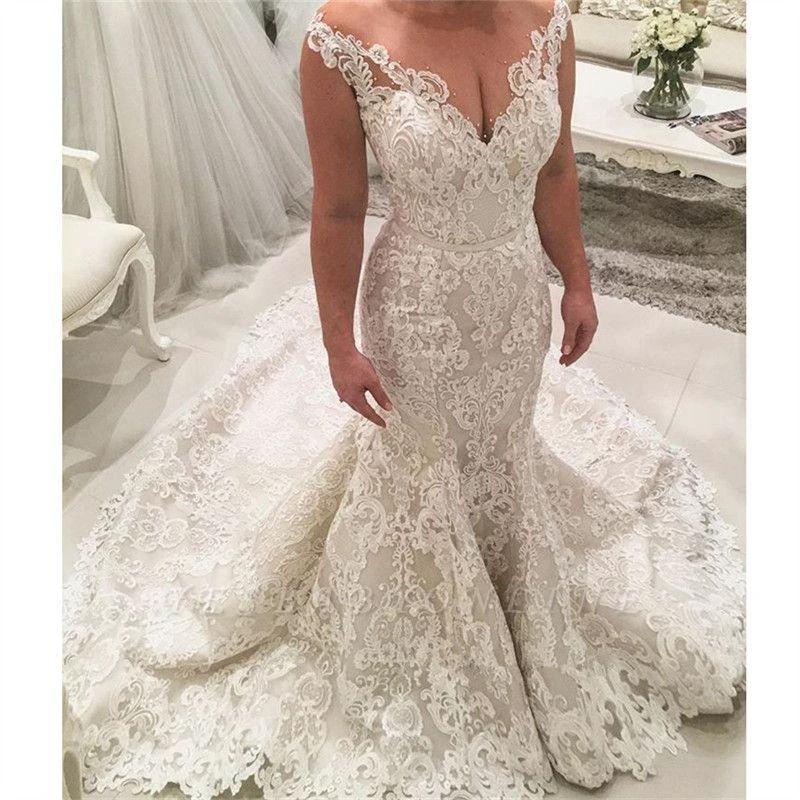 Sexy Long Mermaid V-neck Spaghetti Straps Appliques Lace Wedding Dress (ZD15137)