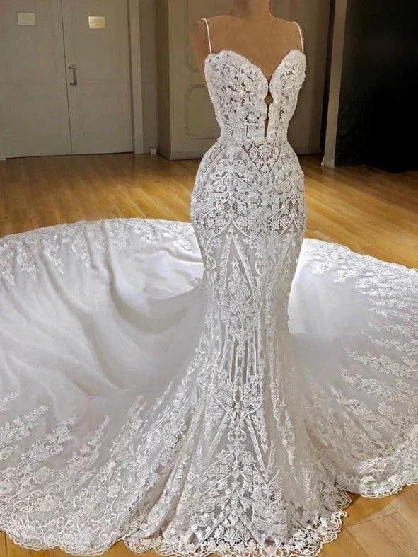 Sexy Long Mermaid V-neck Spaghetti Straps Appliques Lace Wedding Dress (ZD15982)