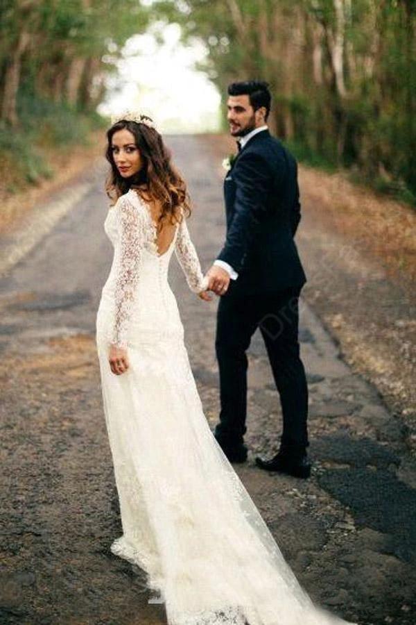 Sexy Mermaid Long Sleeves White Lace Wedding Dress (ZD15433) - VelvetHem