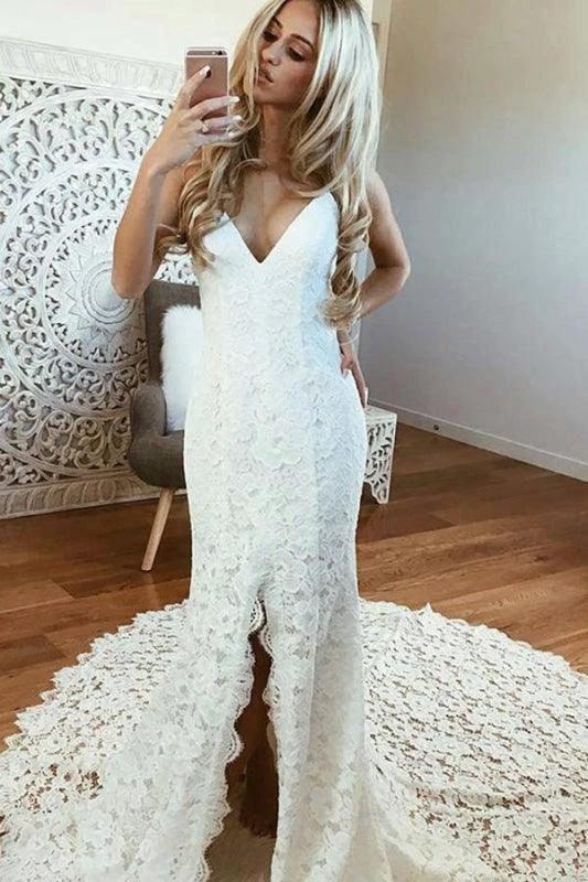 Sexy Pretty Mermaid Spaghetti Straps Backless Beach Lace Elegant Wedding Dresses (ZD14722) - VelvetHem