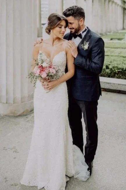 Sexy Spaghetti Strap Sleeveless Mermaid Lace Wedding Dresses with Chapel Train (ZD14676) - VelvetHem