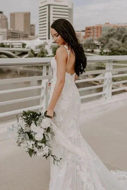 Sexy Spaghetti Strap Sleeveless Mermaid Lace Wedding Dresses with Court Train (ZD14673)