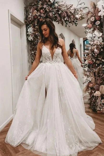 Sexy Spaghetti Straps Sleeveless A-Line Lace Wedding Dresses (ZD14652) - VelvetHem