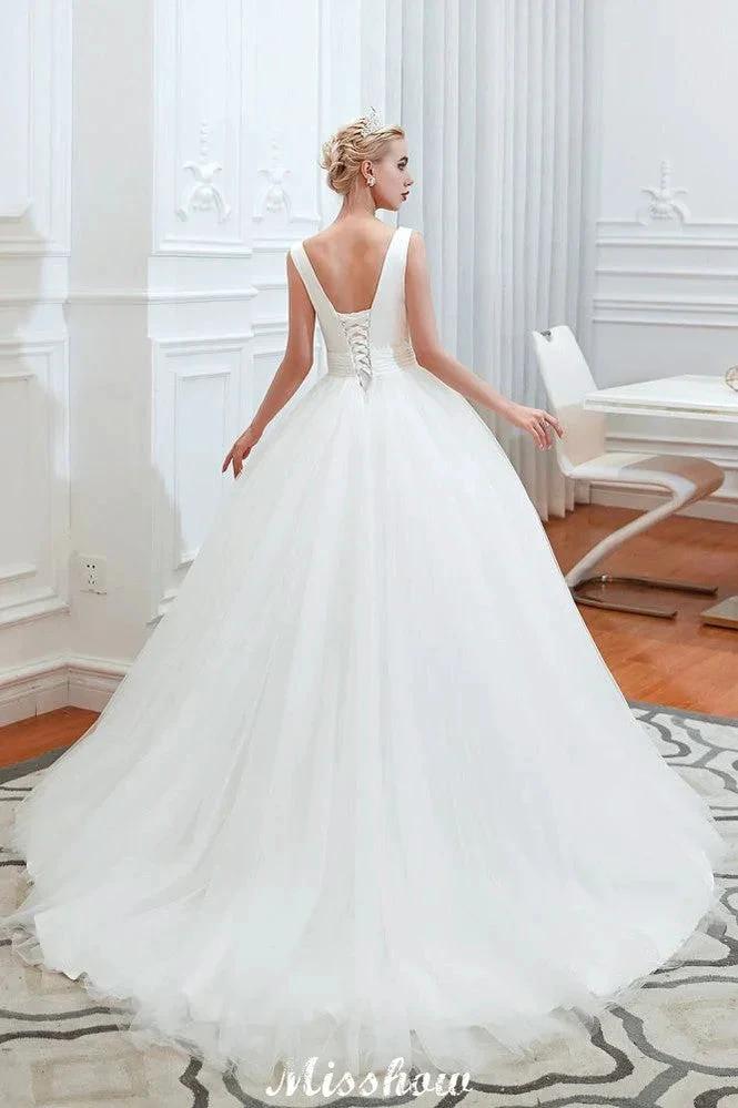 Sexy V-Neck Sleeveless Princess Spring Wedding Dress | White Low Back Bridal Gowns with Belt (ZD13982)