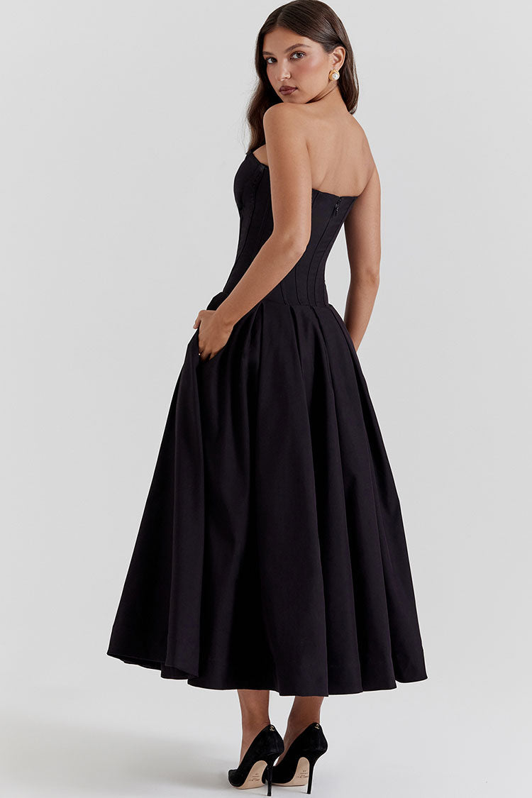 Sexy V Neck Strapless Fit & Flare Pleated Corset Cocktail Party Midi Dress - Black