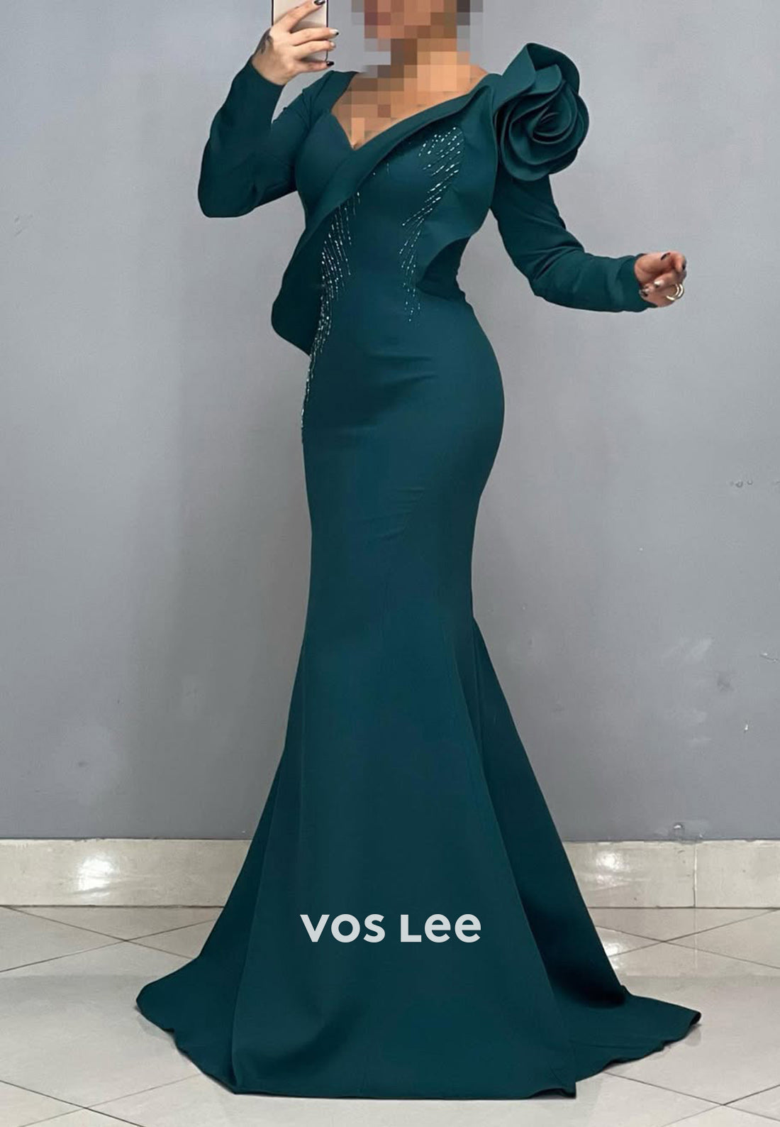 Big Flower V-Neck Long Sleeves Mermaid Formal Party Evening Dress - View 6 | VelvetHem