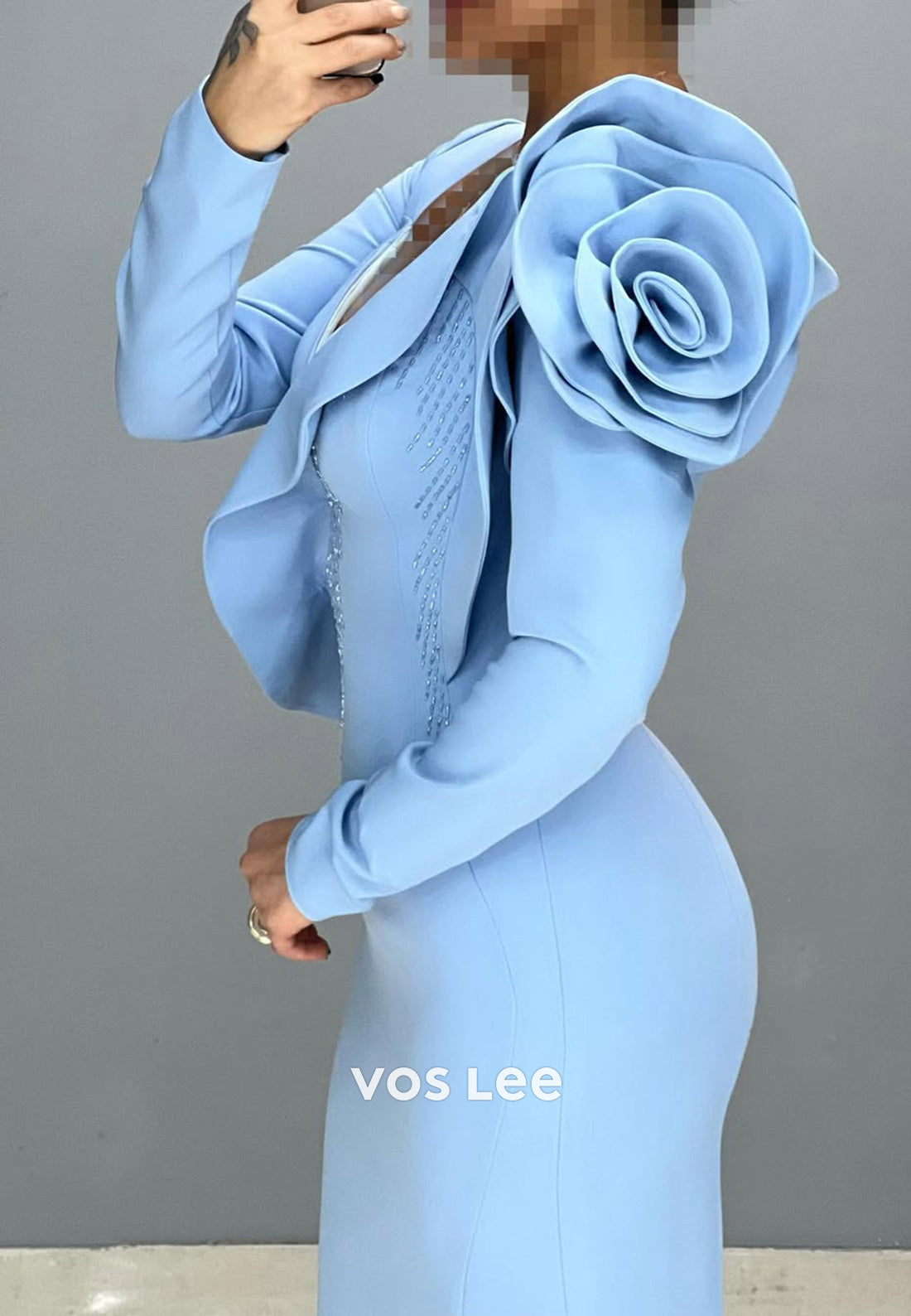 Big Flower V-Neck Long Sleeves Mermaid Formal Party Evening Dress - View 9 | VelvetHem