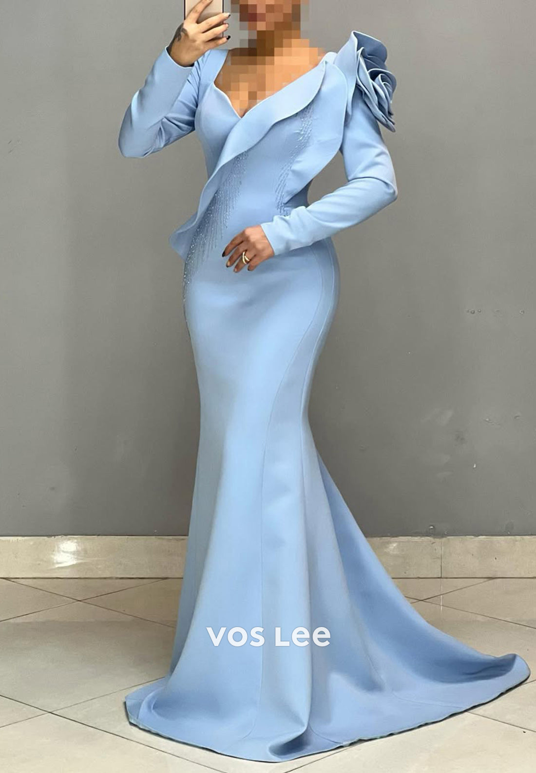 Big Flower V-Neck Long Sleeves Mermaid Formal Party Evening Dress - View 2 | VelvetHem