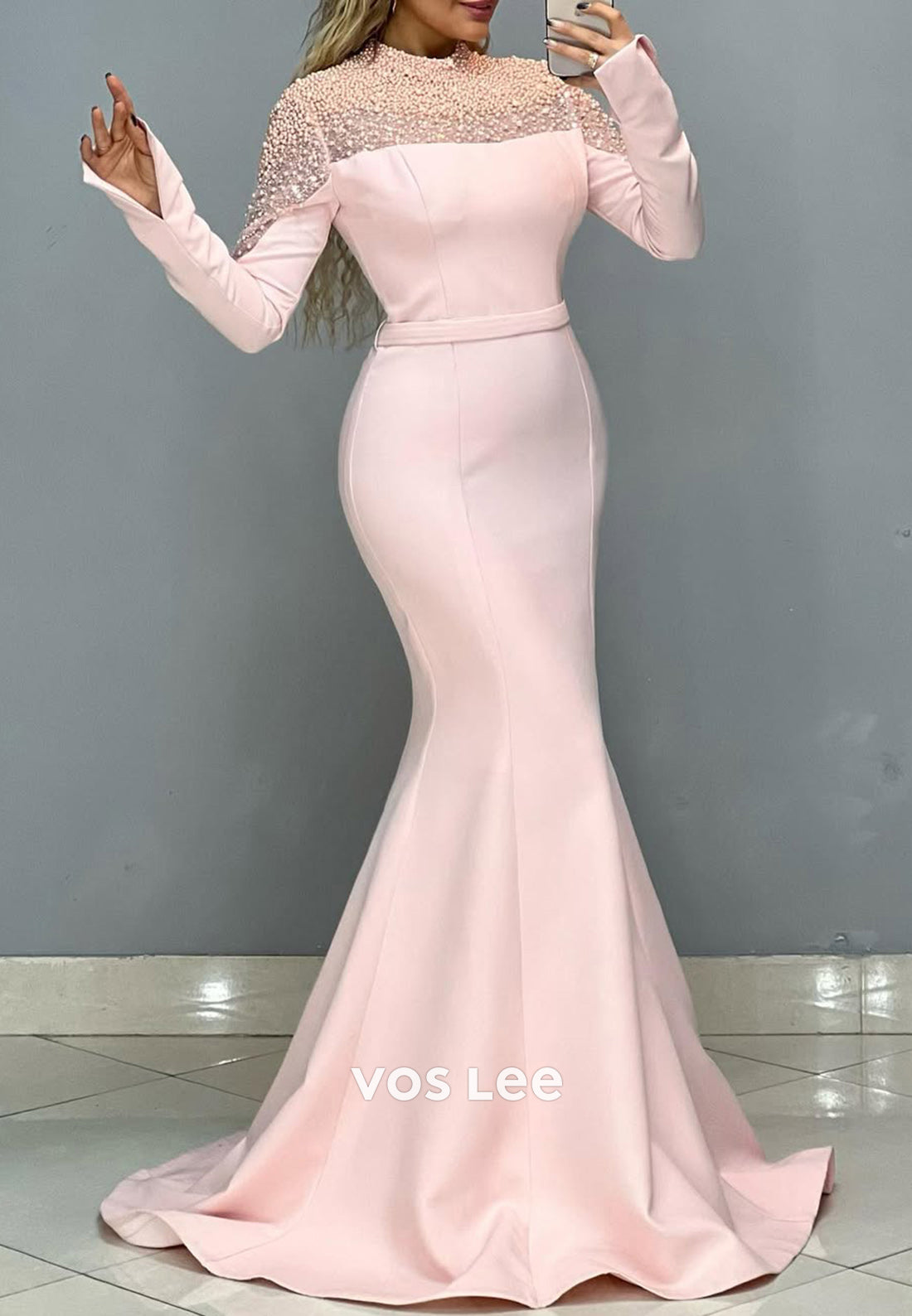 High Neck Pearls Long Sleeves Mermaid with Train Party Evening Dress - View 6 | VelvetHem