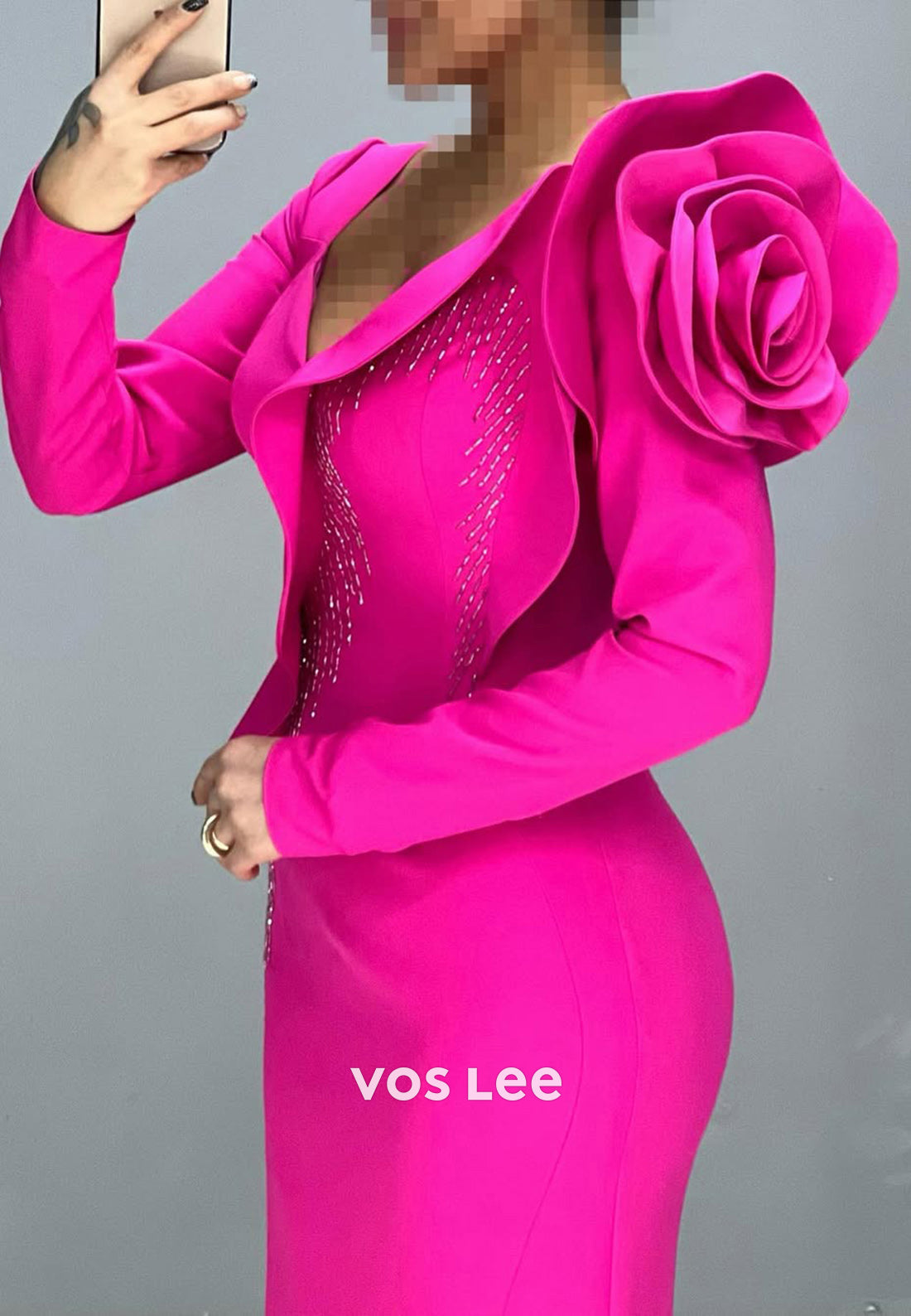 Big Flower V-Neck Long Sleeves Mermaid Formal Party Evening Dress - View 7 | VelvetHem