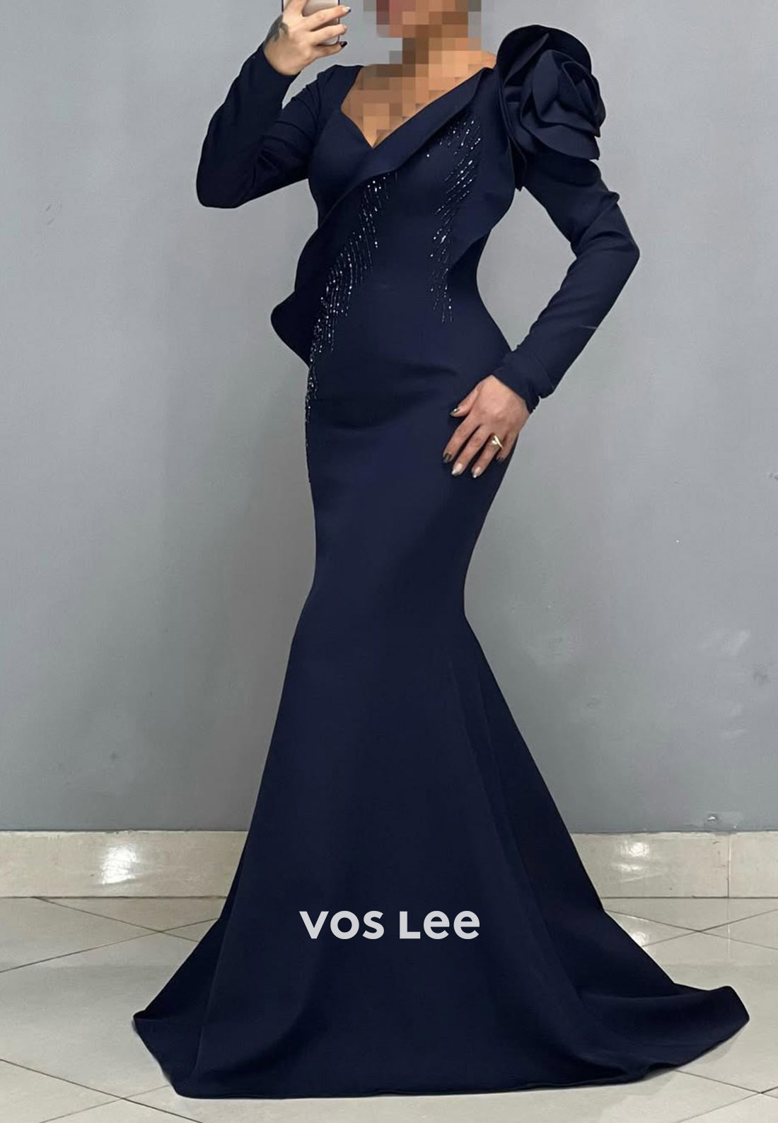 Big Flower V-Neck Long Sleeves Mermaid Formal Party Evening Dress - View 4 | VelvetHem