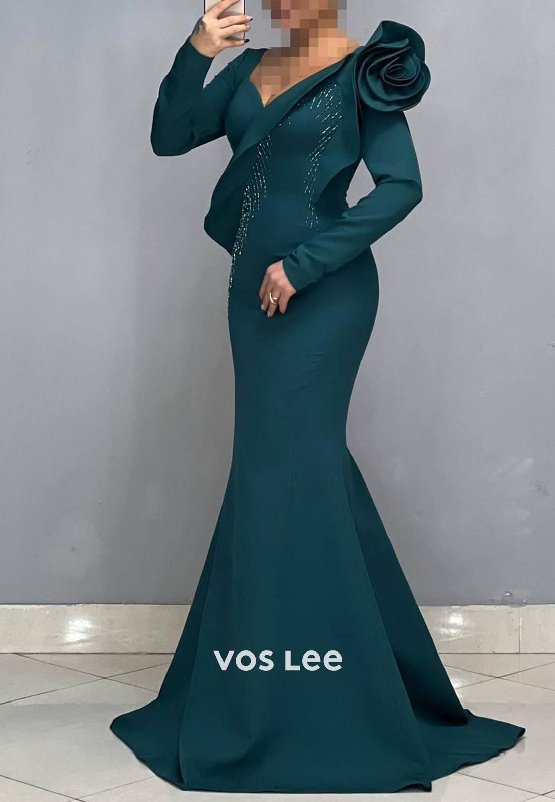Big Flower V-Neck Long Sleeves Mermaid Formal Party Evening Dress - View 3 | VelvetHem