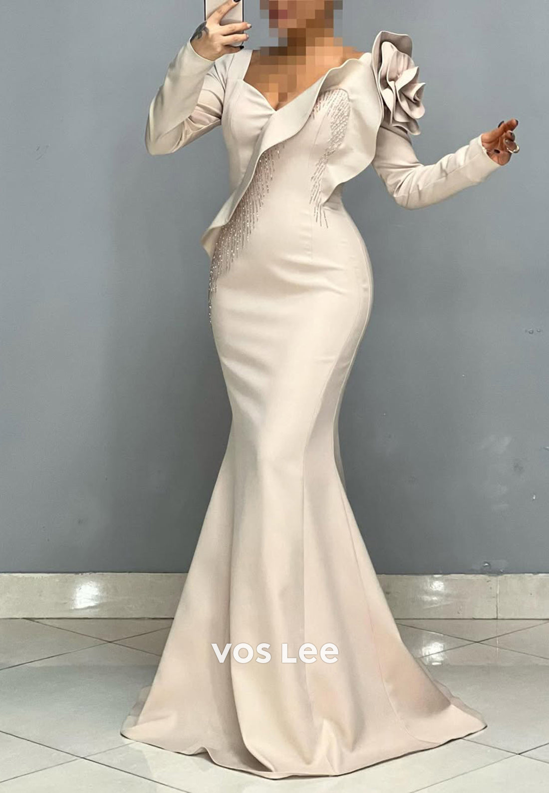Big Flower V-Neck Long Sleeves Mermaid Formal Party Evening Dress - View 5 | VelvetHem