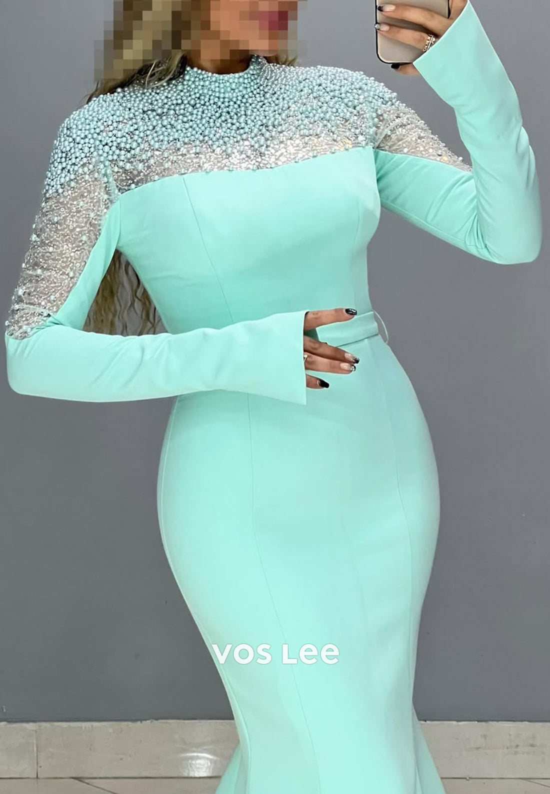 High Neck Pearls Long Sleeves Mermaid with Train Party Evening Dress - View 2 | VelvetHem
