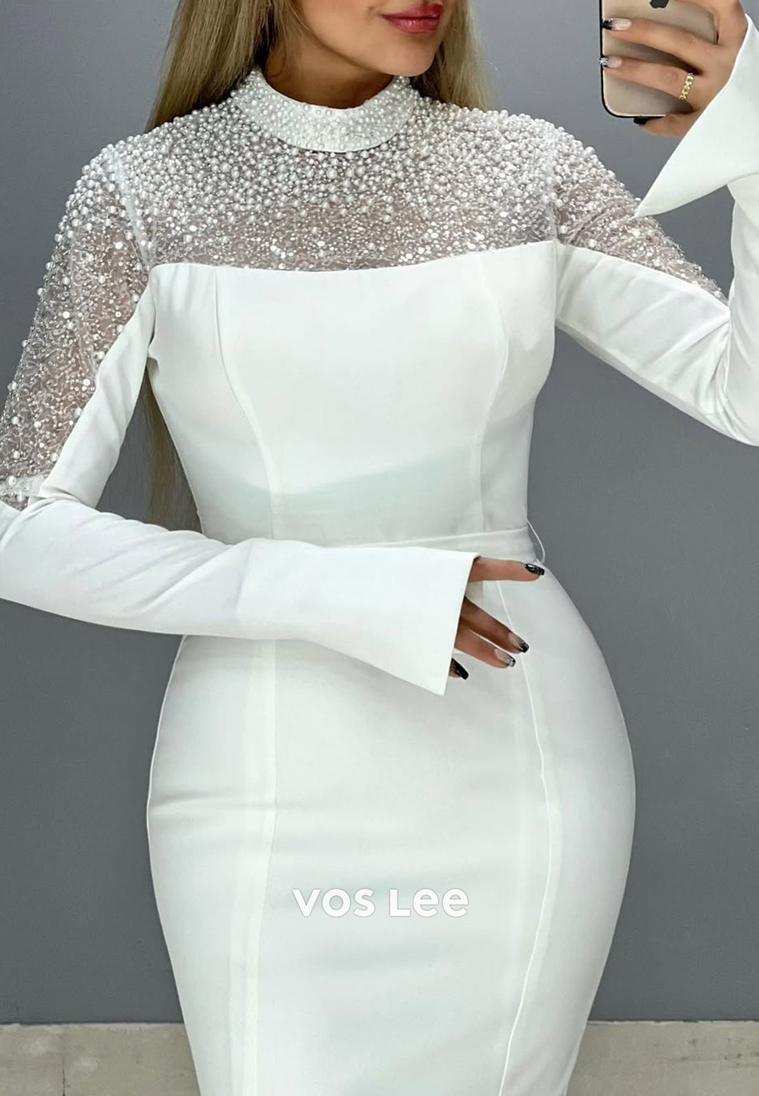 High Neck Pearls Long Sleeves Mermaid with Train Party Evening Dress - View 5 | VelvetHem