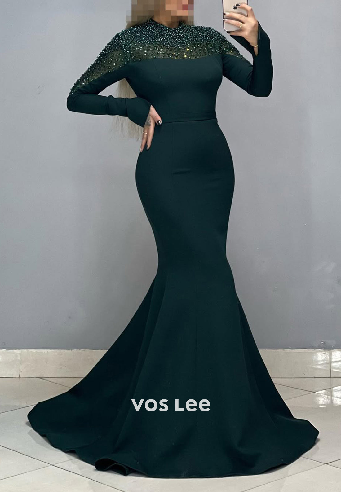 High Neck Pearls Long Sleeves Mermaid with Train Party Evening Dress - View 8 | VelvetHem