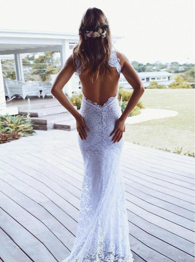 Sheath High Neck Sweep Train Open Back Lace Wedding Dress with Split (ZD15342)
