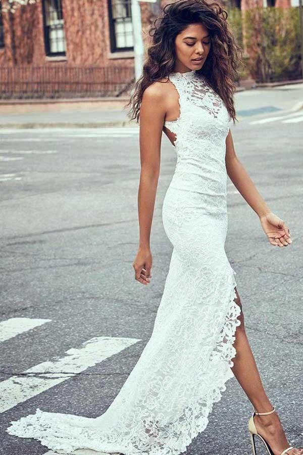 Sheath High Neck Sweep Train Open Back Lace Wedding Dress with Split (ZD15342) - VelvetHem