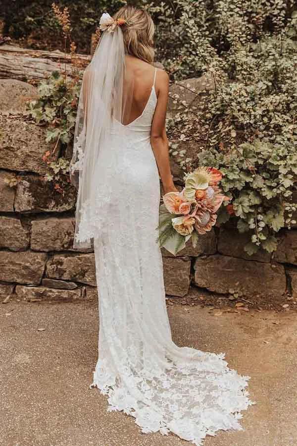 Sheath Lace Backless Scoop Sleeveless Split Court Train Wedding Dress (ZD16048)