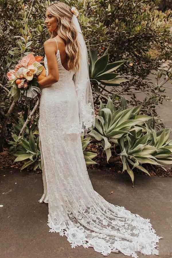 Sheath Lace Backless Scoop Sleeveless Split Court Train Wedding Dress (ZD16048)