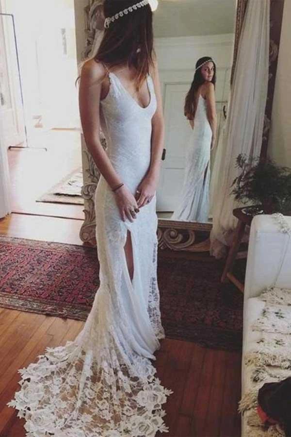 Sheath Lace Backless Scoop Sleeveless Split Court Train Wedding Dress (ZD16048) - VelvetHem