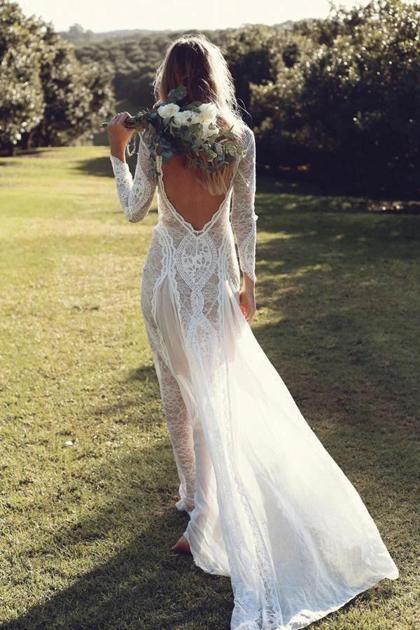 Sheath/Column Lace Wedding Dress With Long Sleeve Open Back Bridal Gown (ZD16339)